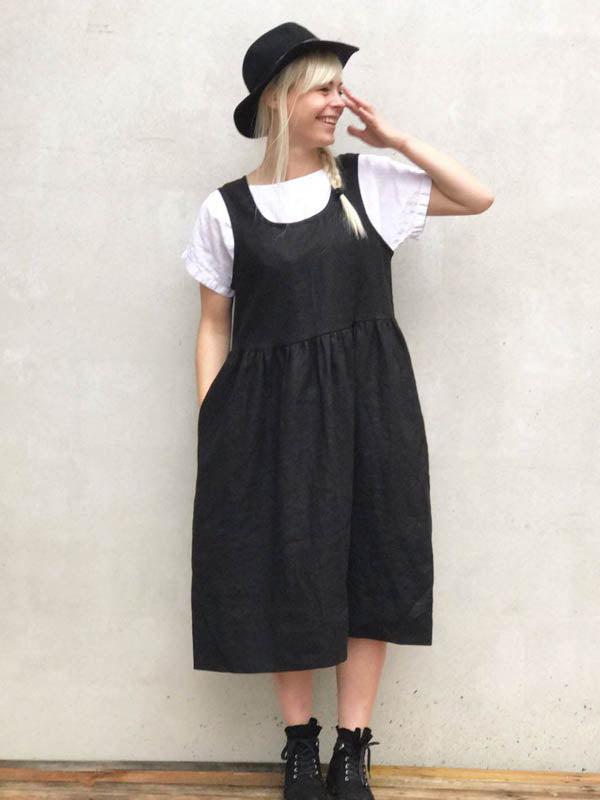 Linen Pinafore Dress, Black Linen Sundress - Linenbee