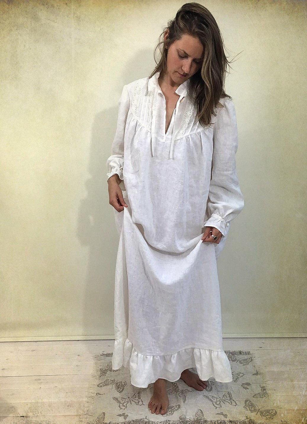 Linen nightgown, Handmade Victorian nightgown with lace - Linenbee