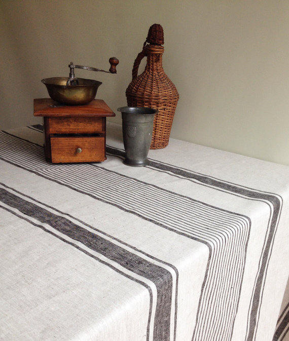 Beige tablecloth with White Stripes, French country, striped table cloth, wedding tablecloth, rectangle rustic table, outlets country tablecloth