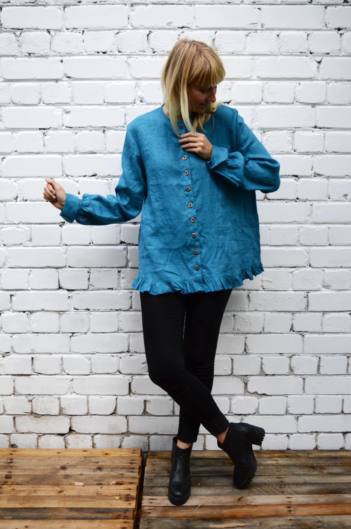 Linen Button up blouse with Ruffle, Loose Linen Jacket women