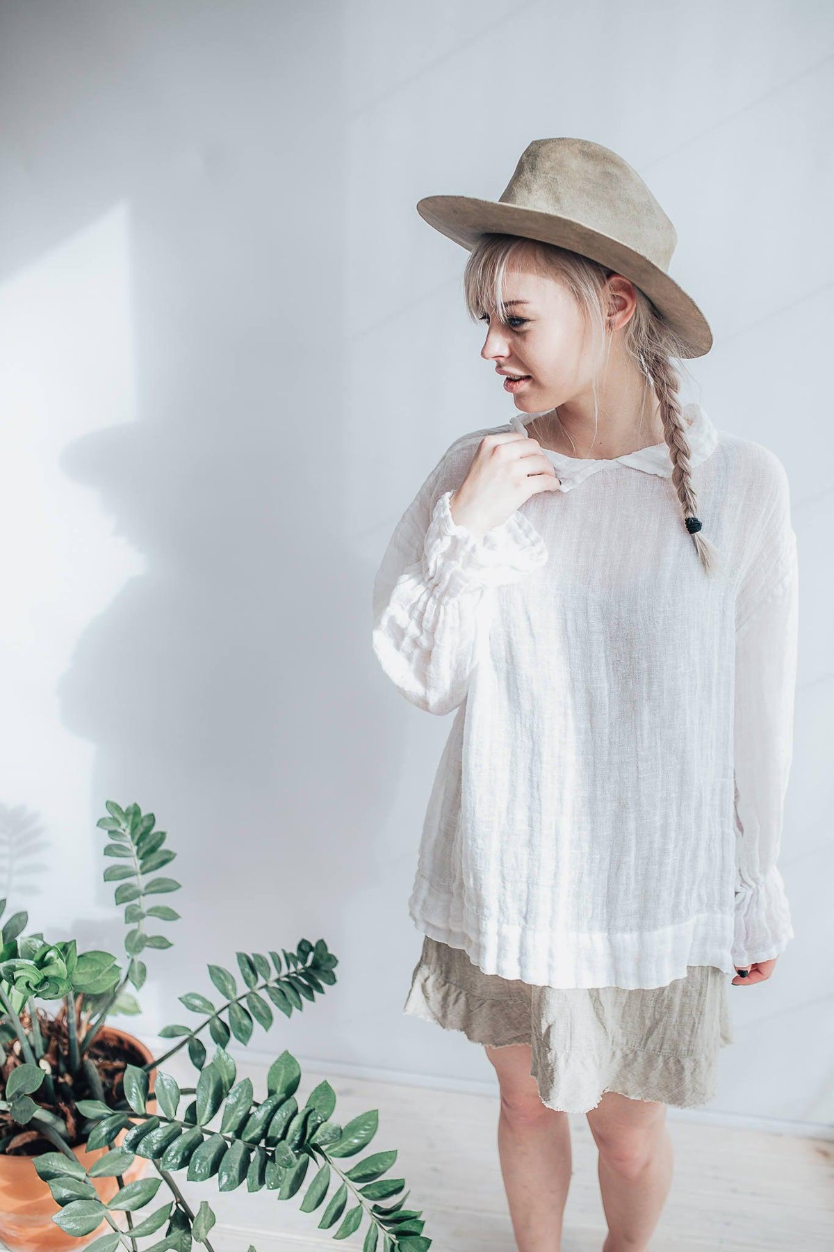 White Gauze Top with Ruffled Cuffs, Linen Blouses For Women - Linenbee