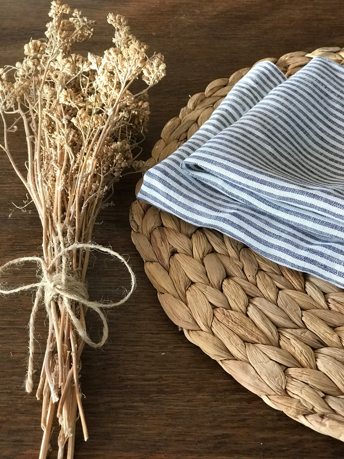 Blue Striped Linen Napkins for Weddings, Dinner - Rustic Table Setting