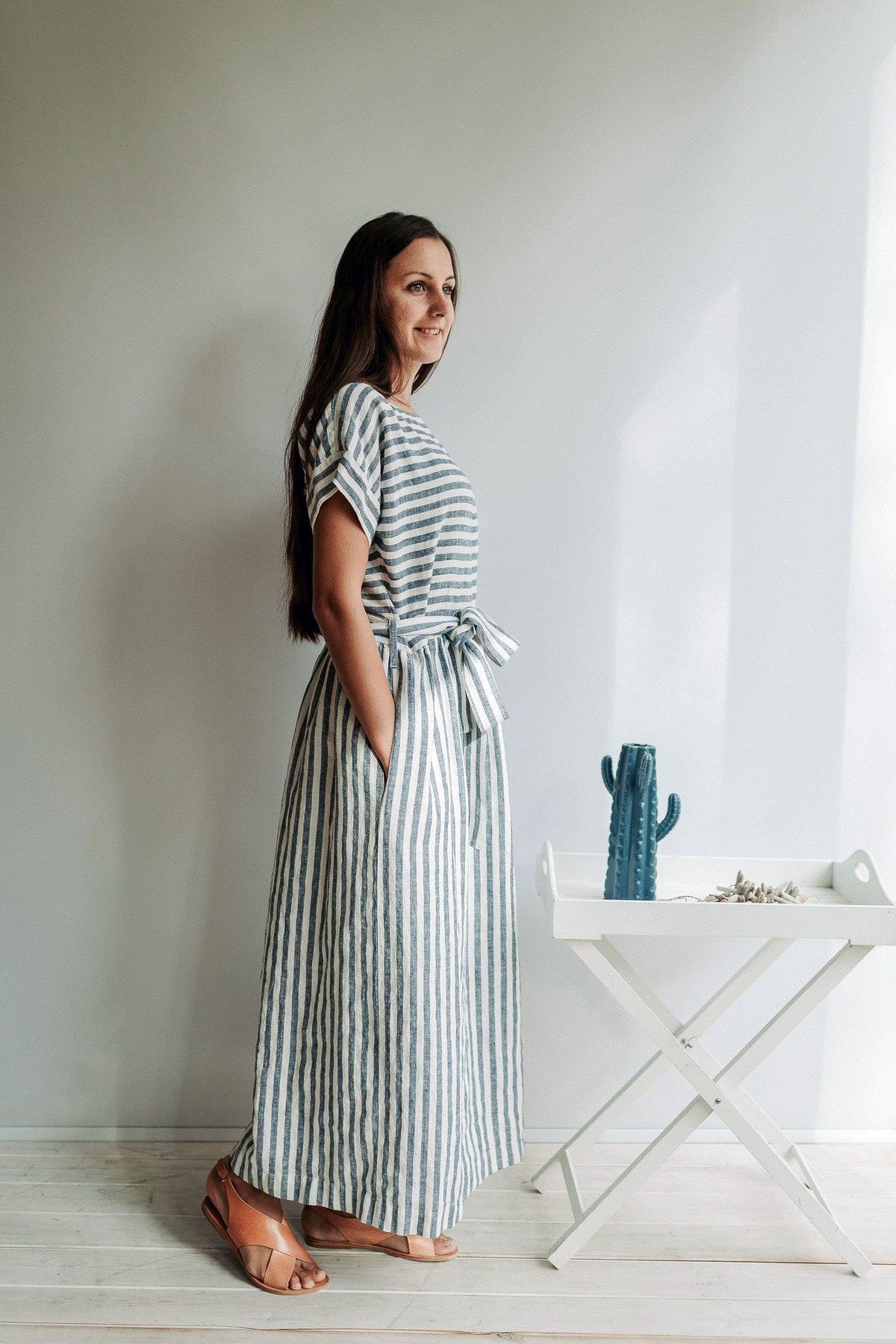 Long Linen Dress with Belt Aurelia, Linen Maxi Dress - Linenbee