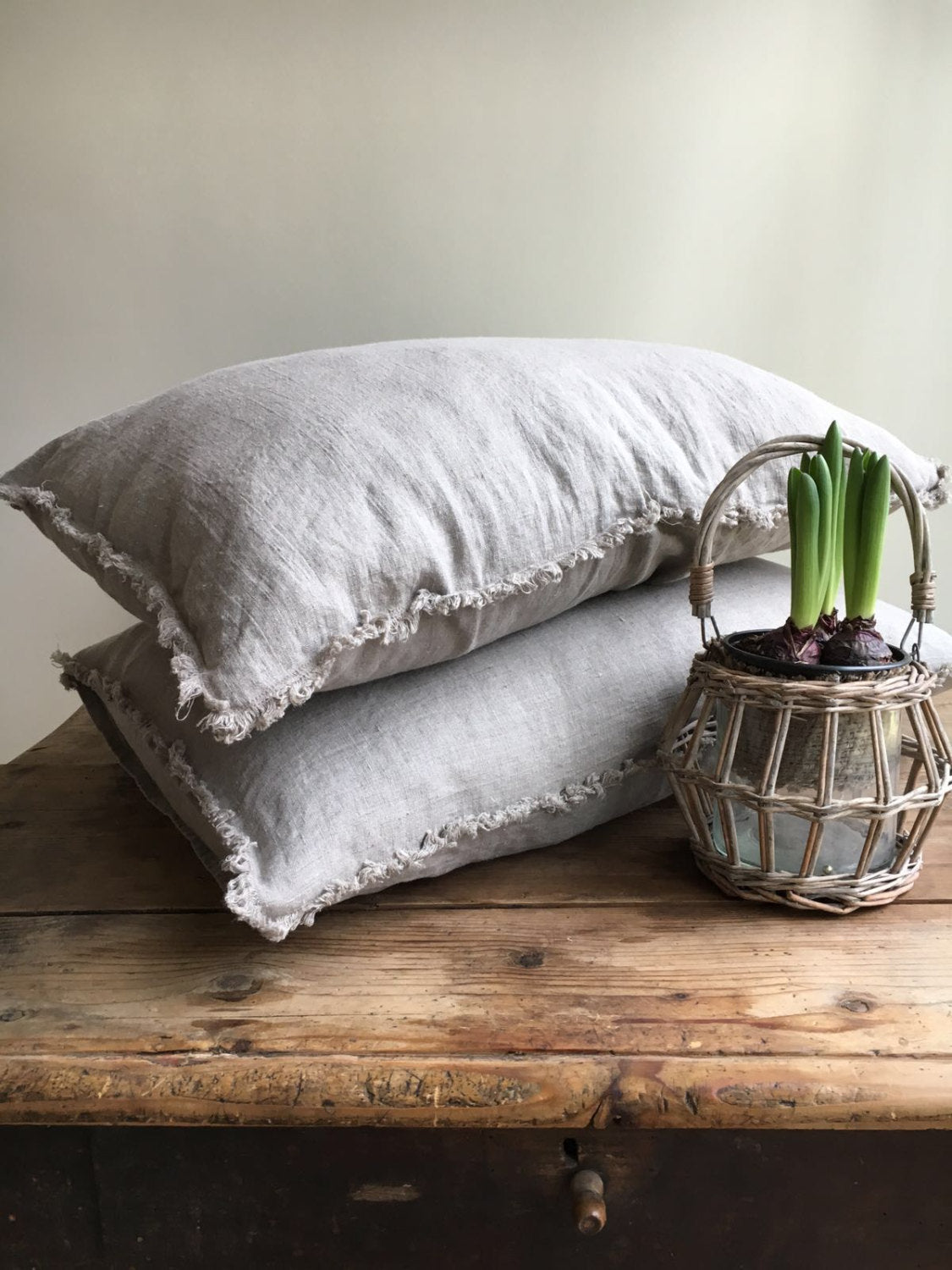 Set of Two Natural Linen Pillowcases with Frayed Edges, Frayed Pillowc -  Linenbee