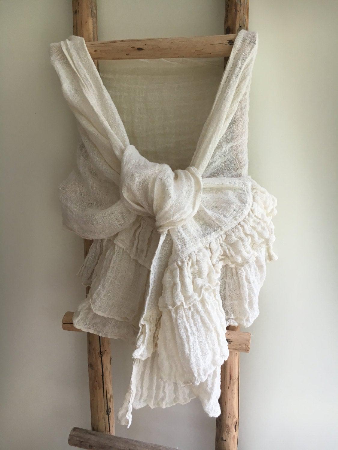 White Scarf, Linen Scarf With Ruffle, orders Wraps Shawl, Womens Shawl, Linen Shawl, long scarf, Pure linen wraps shawl, Rustic scarf, wedding