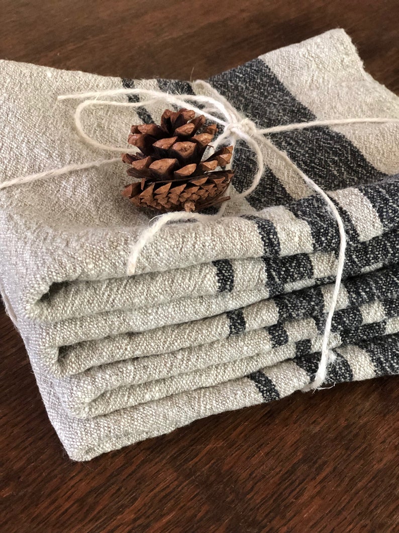 LINENVIBE Pure Linen Kitchen Tea Towels Set of 2 Pieces Flax Dish Towels17  x 27 inches with French Country Stripes. (Brown)